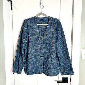 PureJill Indigo Button Front Blazer Jacket Long Sleeve Oversized Lagenlook Sz L